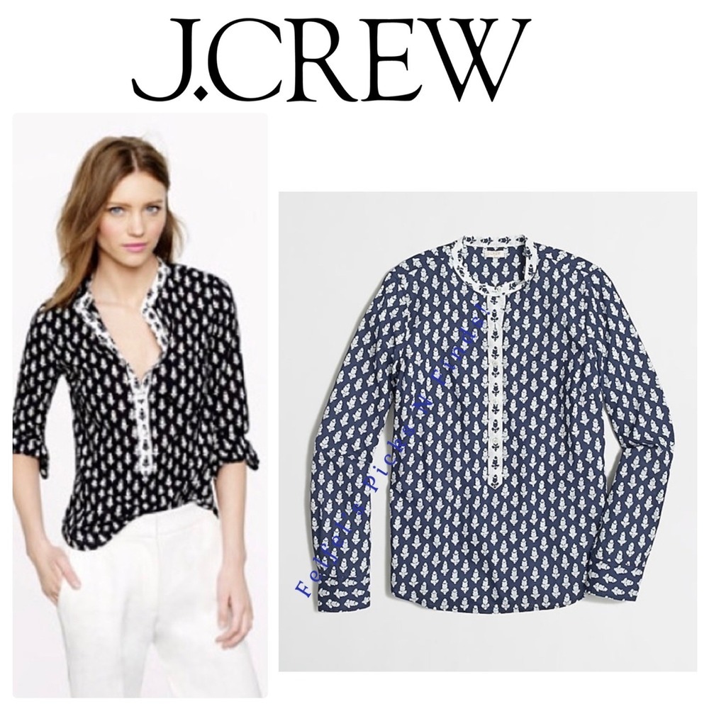 J.Crew Band Collar Block Print Blouse – Navy Floral, Size XXS